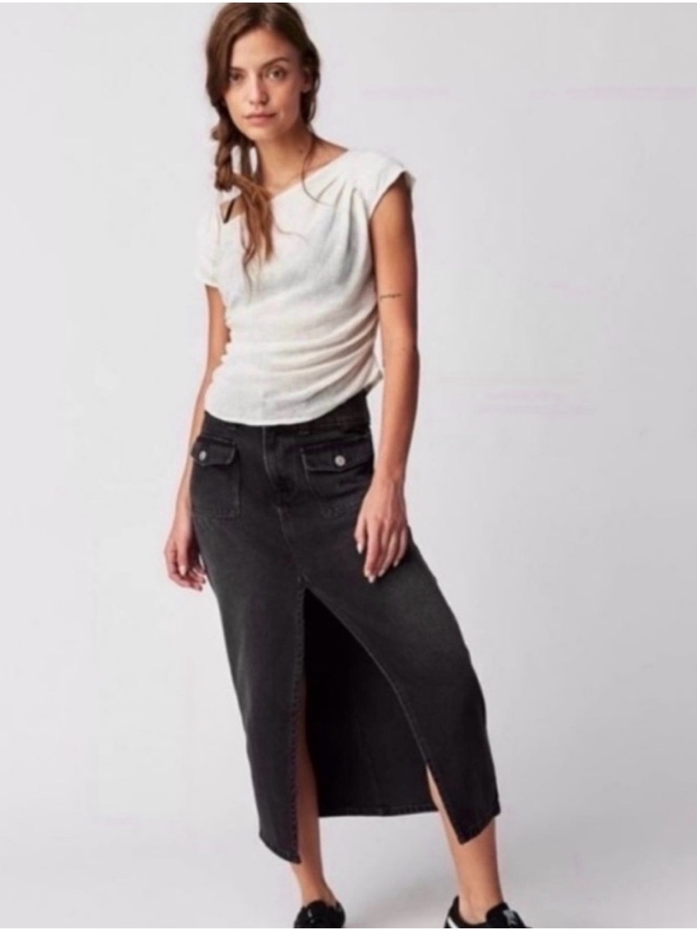 We The Free Black Denim Midi Skirt Sz 25 Front Slit Patch Pockets NWOT boho